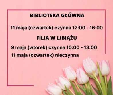 Z powodu organizowanej konferencji bibliotekarzy, nauczycieli i miłośników książek dnia 11 maja (czwartek) biblioteka czynna od 1200 do 1600
